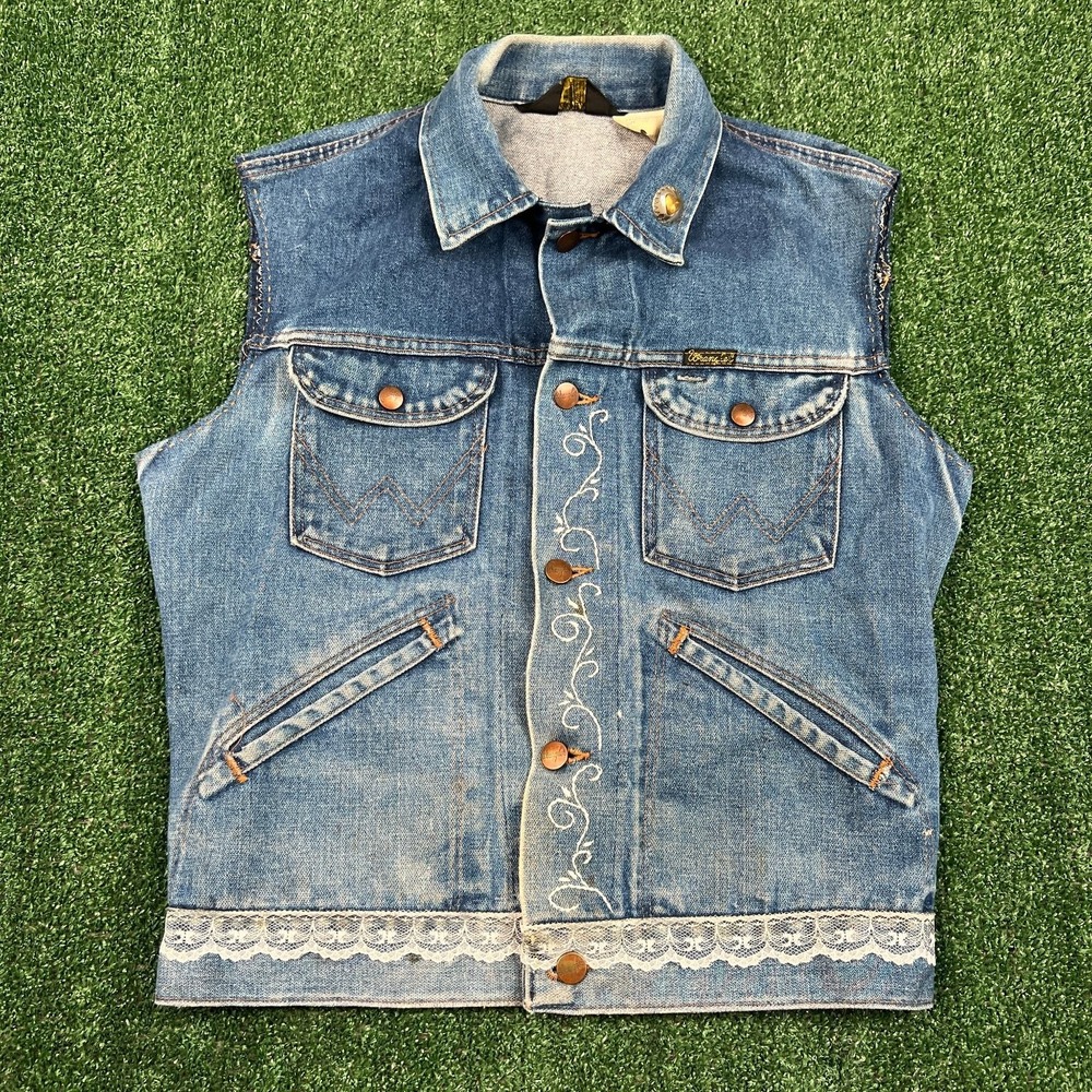 VTG Wrangler Denim Jean Jacket Sleeveless‎ Vest Womens 38 Blue Embroider 70s